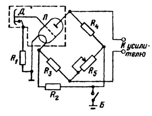 ринципиальная схема датчика и измерительного моста прибора ИЭСП-9