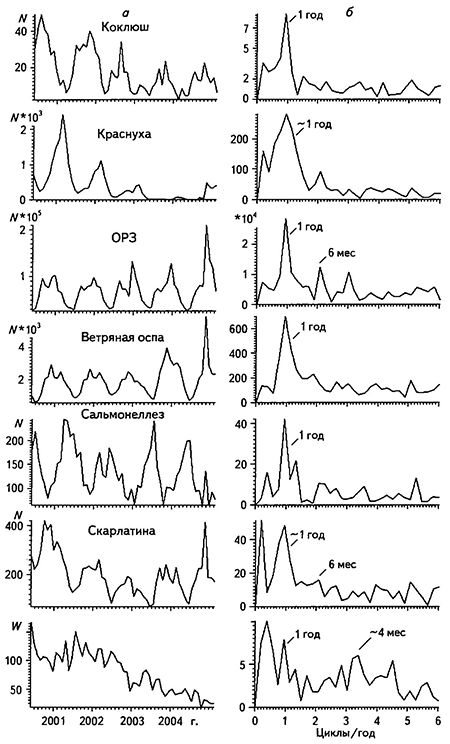 Временные ряды с месячным опросом числа инфекционных заболеваний в Свердловской области за июль 2000 г. - апрель 2005 г. и чисел Вольфа за тот же период (а) и соответствующие им амплитудные спектры (б)