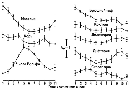 Распределение в течение солнечного цикла среднего числа различных инфекционных заболеваний в России за 1913-1996 гг. и значений чисел Вольфа, частота опроса 1 год