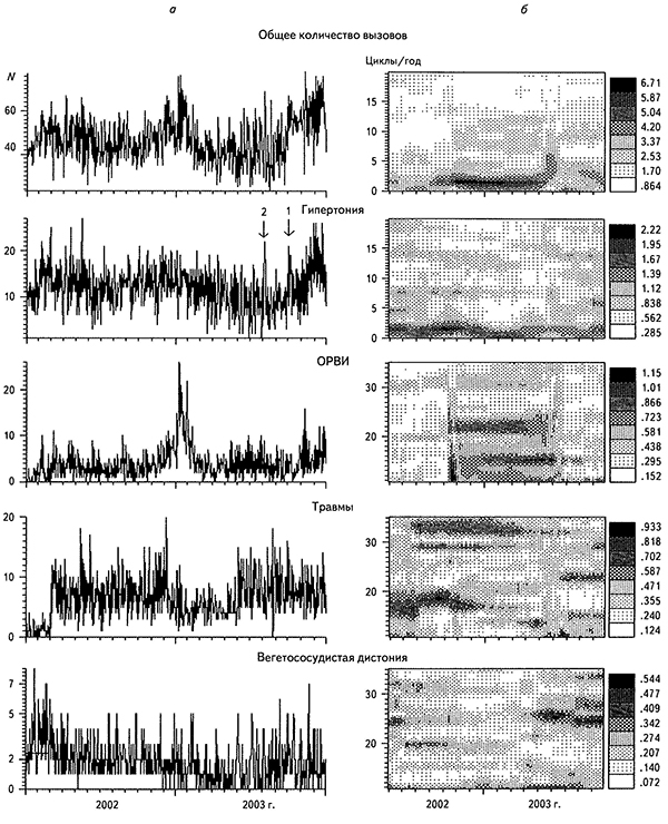 Временные ряды с суточным опросом числа вызовов скорой помощи в Горно-Алтайске по поводу некоторых заболеваний за 2002-2003 гг. (а) и СВАН-диаграммы этих рядов для разных частотных диапазонов (б-г)