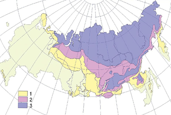 Зоны островного (1), прерывистого (2) и сплошного (3) распространения многолетнемерзлотных пород на территории России